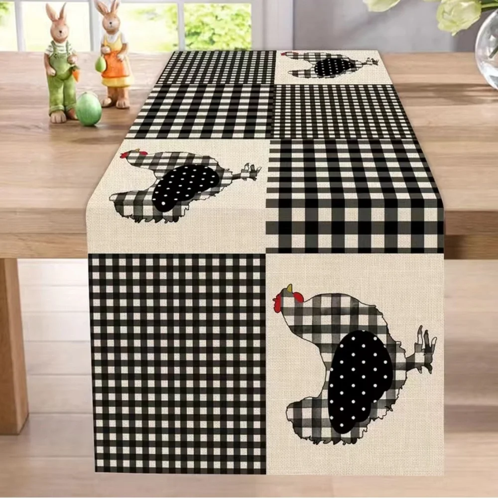 Rooster Hen Table Runner, Black White Buffalo Plaid 13X72 Chicken Chick Gingham - Picture 2 of 5